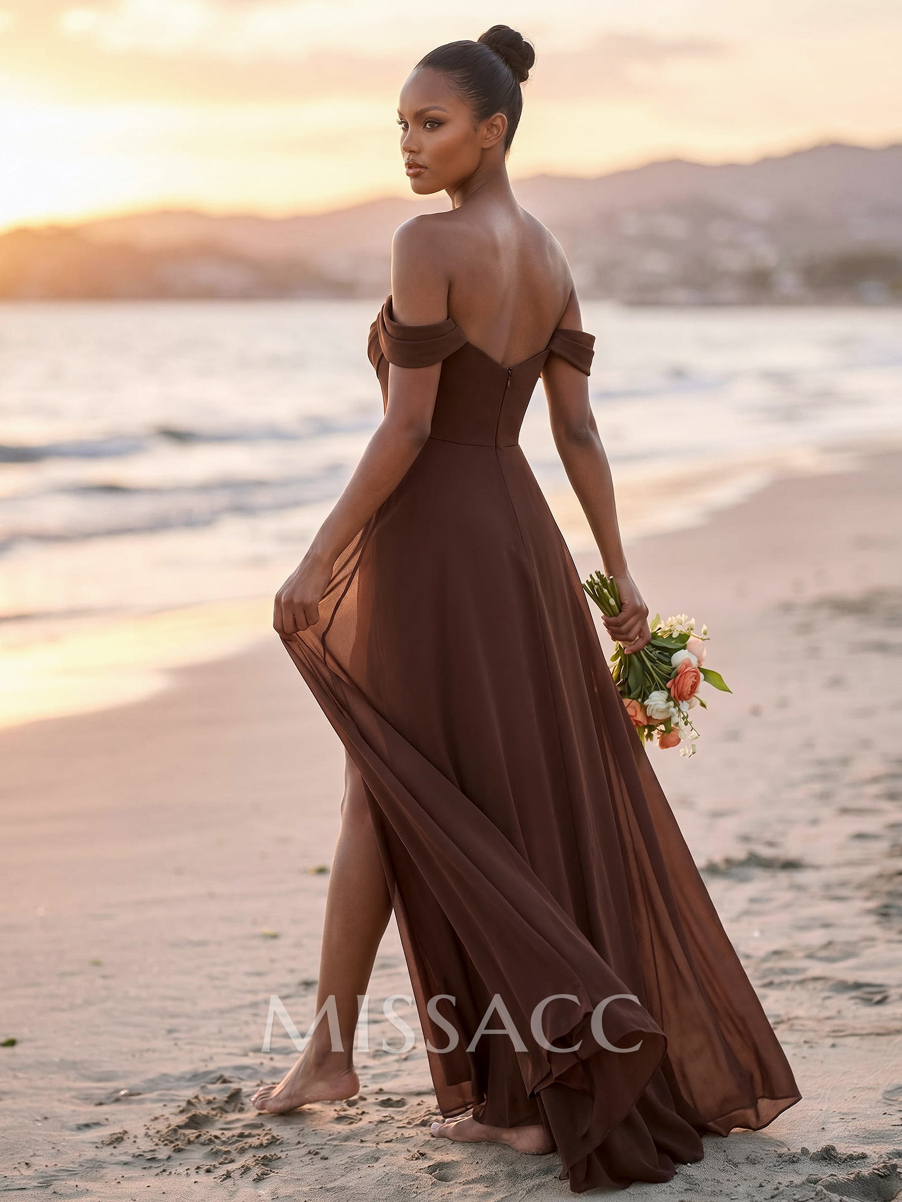 A-Line Off-The-Shoulder Sleeveless Floor-Length Chiffon Bridesmaid Dresses With Split Front