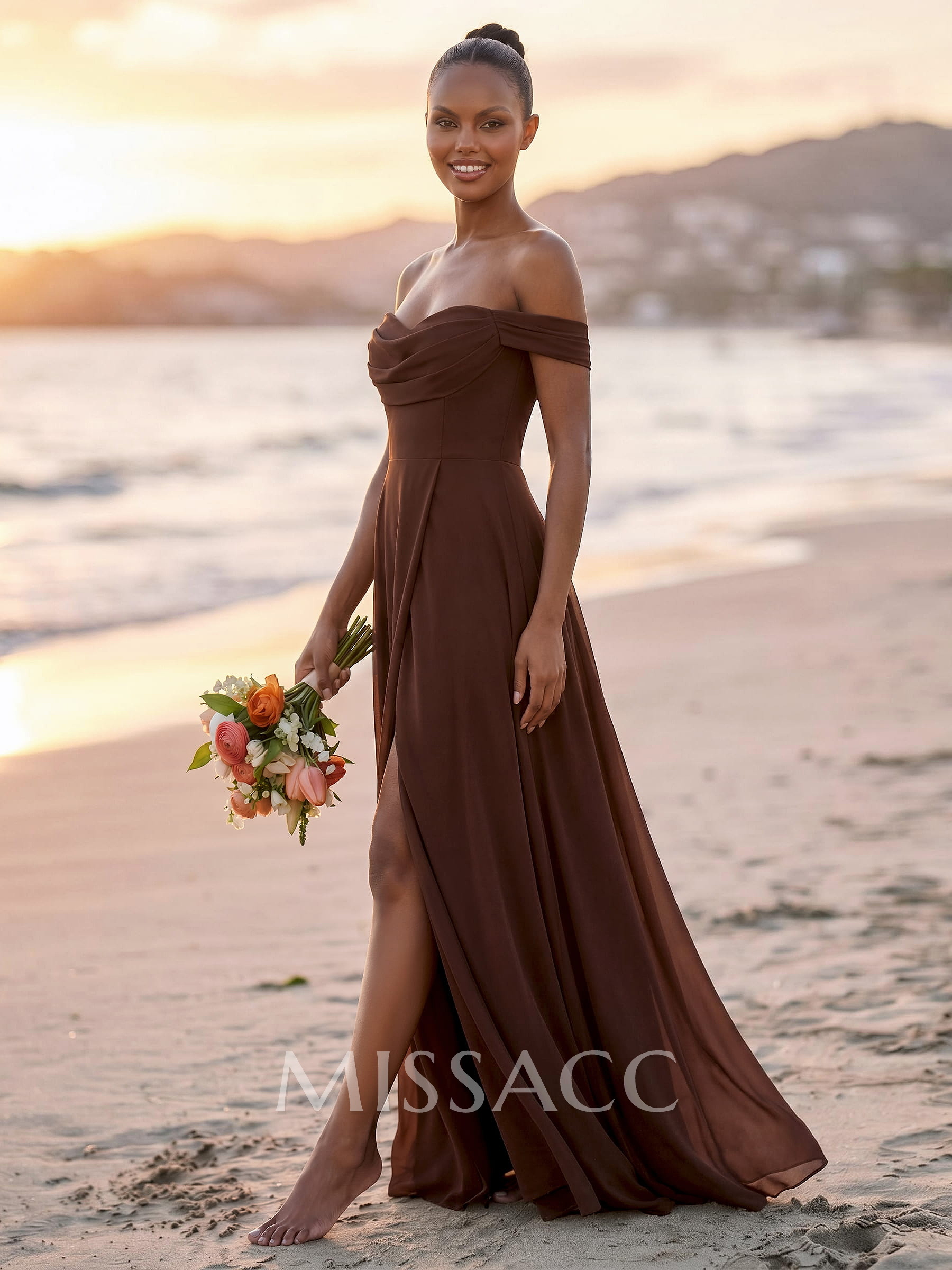 A-Line Off-The-Shoulder Sleeveless Floor-Length Chiffon Bridesmaid Dresses With Split Front