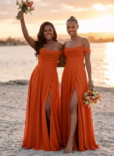 A-Line Off-The-Shoulder Sleeveless Floor-Length Chiffon Bridesmaid Dresses With Split Front