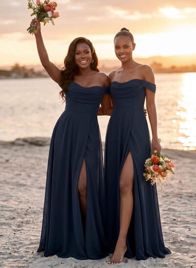 A-Line Off-The-Shoulder Sleeveless Floor-Length Chiffon Bridesmaid Dresses With Split Front