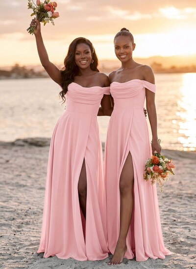 A-Line Off-The-Shoulder Sleeveless Floor-Length Chiffon Bridesmaid Dresses With Split Front