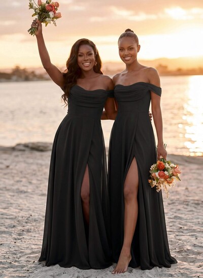 A-Line Off-The-Shoulder Sleeveless Floor-Length Chiffon Bridesmaid Dresses With Split Front
