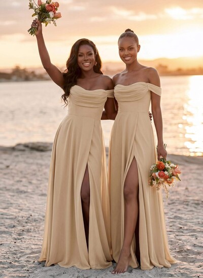 A-Line Off-The-Shoulder Sleeveless Floor-Length Chiffon Bridesmaid Dresses With Split Front