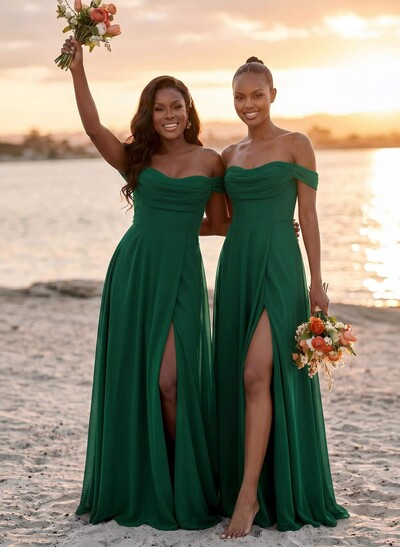 A-Line Off-The-Shoulder Sleeveless Floor-Length Chiffon Bridesmaid Dresses With Split Front