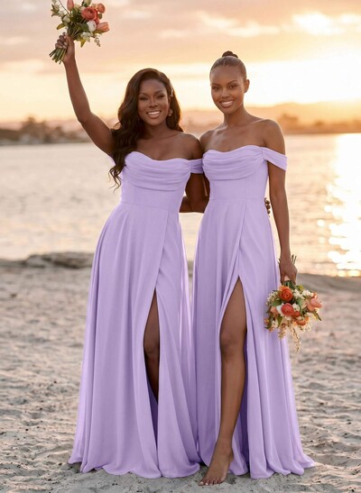 A-Line Off-The-Shoulder Sleeveless Floor-Length Chiffon Bridesmaid Dresses With Split Front