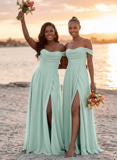 A-Line Off-The-Shoulder Sleeveless Floor-Length Chiffon Bridesmaid Dresses With Split Front
