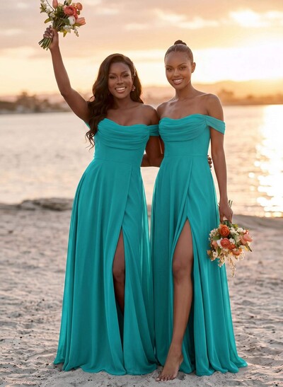 A-Line Off-The-Shoulder Sleeveless Floor-Length Chiffon Bridesmaid Dresses With Split Front