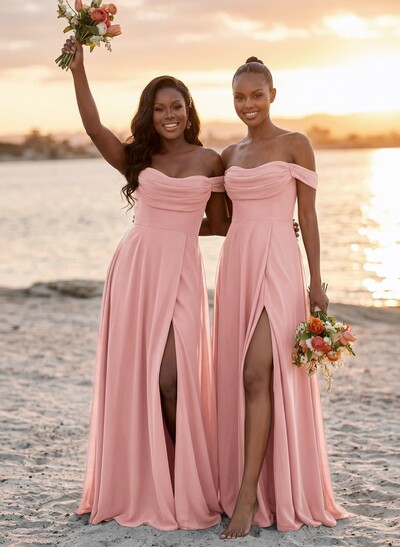 A-Line Off-The-Shoulder Sleeveless Floor-Length Chiffon Bridesmaid Dresses With Split Front