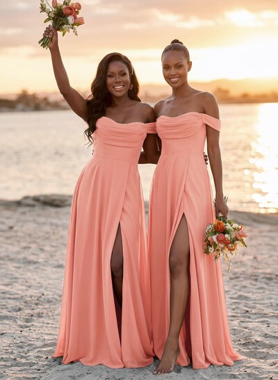 A-Line Off-The-Shoulder Sleeveless Floor-Length Chiffon Bridesmaid Dresses With Split Front