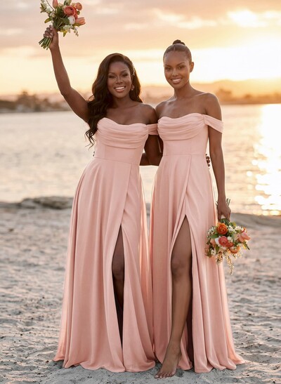 A-Line Off-The-Shoulder Sleeveless Floor-Length Chiffon Bridesmaid Dresses With Split Front