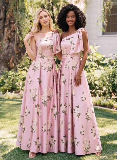 A-Line One-Shoulder Sleeveless Floor-Length Satin Bridesmaid Dresses With Floral-Print