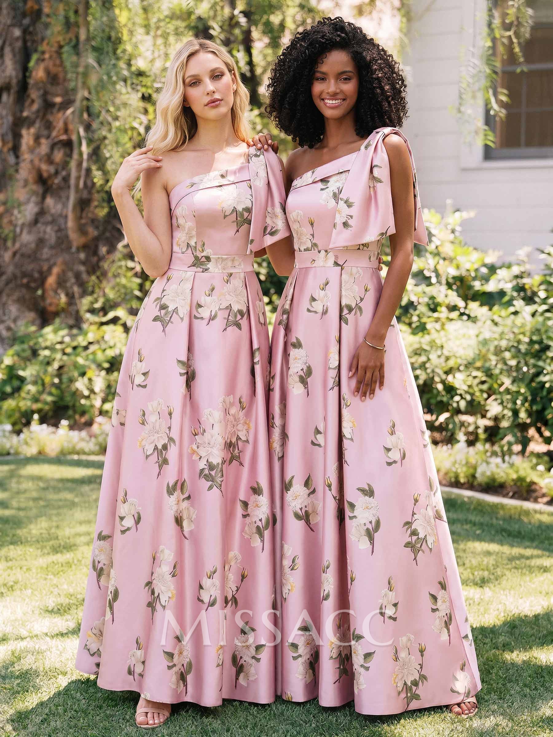 A-Line One-Shoulder Sleeveless Floor-Length Satin Bridesmaid Dresses With Floral-Print