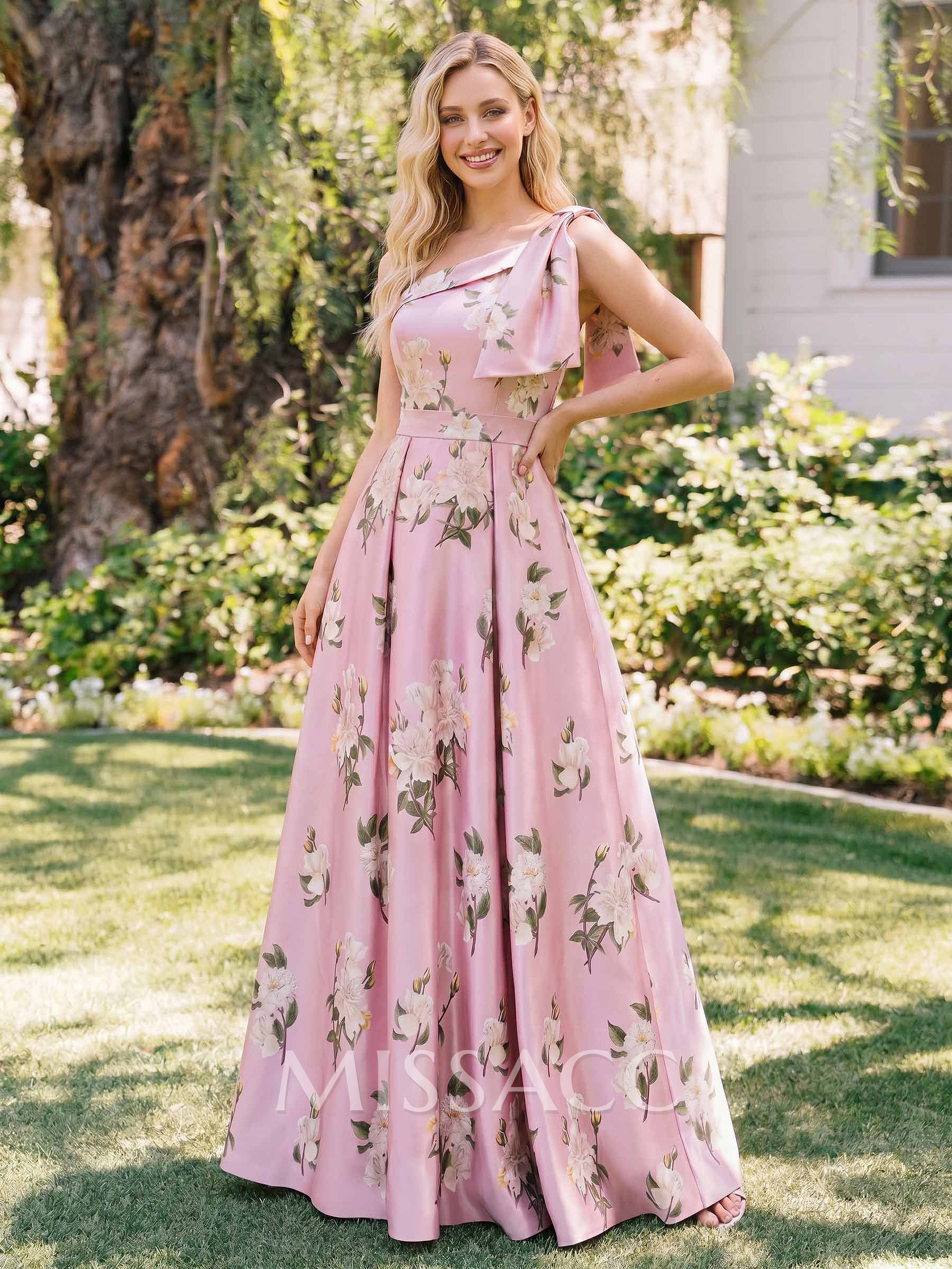 A-Line One-Shoulder Sleeveless Floor-Length Satin Bridesmaid Dresses With Floral-Print