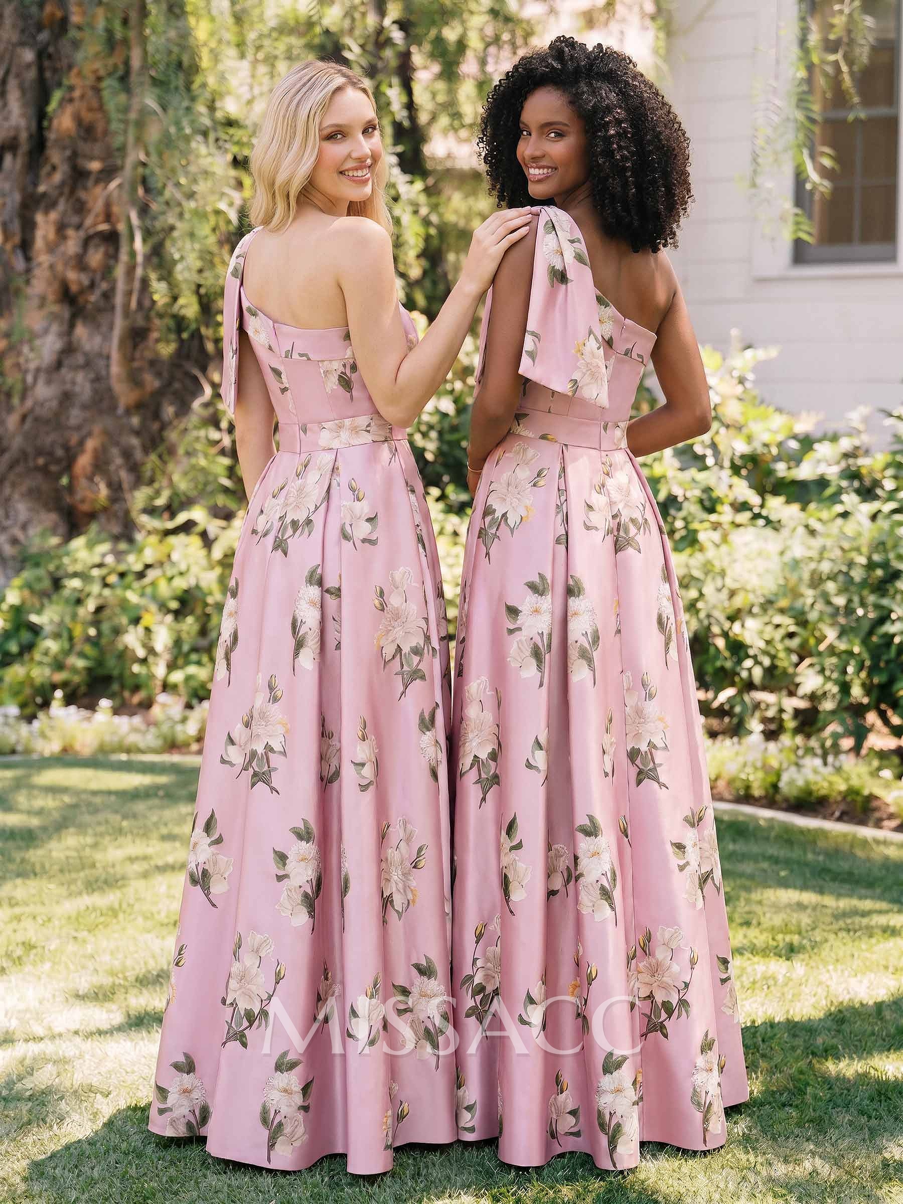 A-Line One-Shoulder Sleeveless Floor-Length Satin Bridesmaid Dresses With Floral-Print