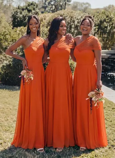Unique A-Line Off-The-Shoulder Sleeveless Floor-Length Chiffon Bridesmaid Dresses