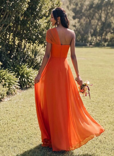 Unique A-Line Off-The-Shoulder Sleeveless Floor-Length Chiffon Bridesmaid Dresses