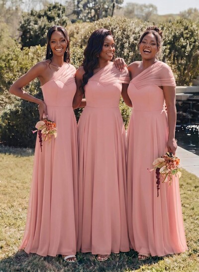 Unique A-Line Off-The-Shoulder Sleeveless Floor-Length Chiffon Bridesmaid Dresses