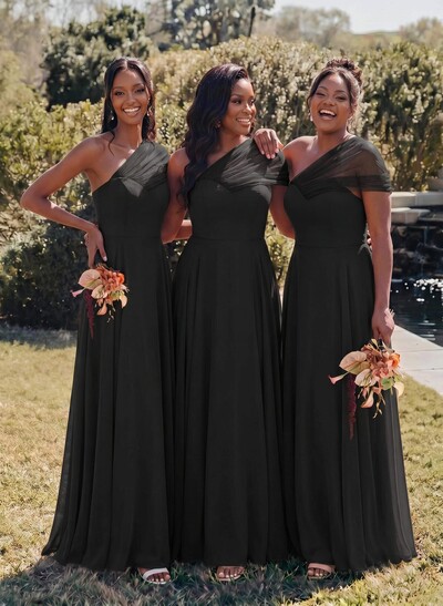 Unique A-Line Off-The-Shoulder Sleeveless Floor-Length Chiffon Bridesmaid Dresses