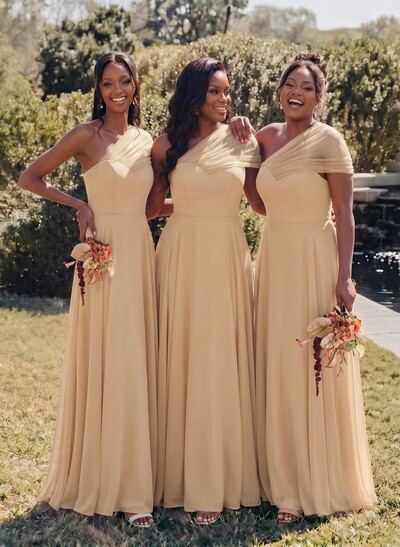 Unique A-Line Off-The-Shoulder Sleeveless Floor-Length Chiffon Bridesmaid Dresses