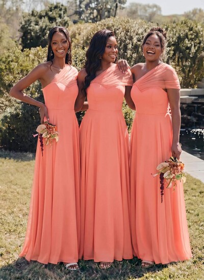 Unique A-Line Off-The-Shoulder Sleeveless Floor-Length Chiffon Bridesmaid Dresses