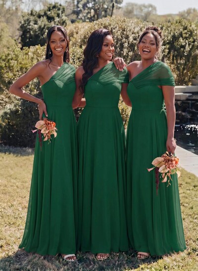Unique A-Line Off-The-Shoulder Sleeveless Floor-Length Chiffon Bridesmaid Dresses