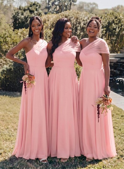 Unique A-Line Off-The-Shoulder Sleeveless Floor-Length Chiffon Bridesmaid Dresses