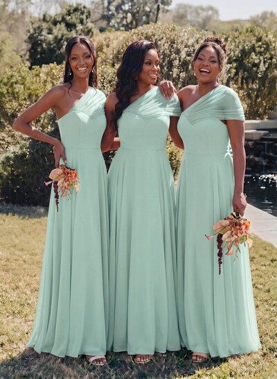Unique A-Line Off-The-Shoulder Sleeveless Floor-Length Chiffon Bridesmaid Dresses