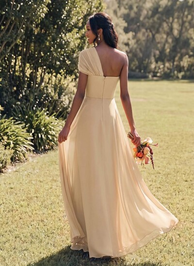Unique A-Line Off-The-Shoulder Sleeveless Floor-Length Chiffon Bridesmaid Dresses