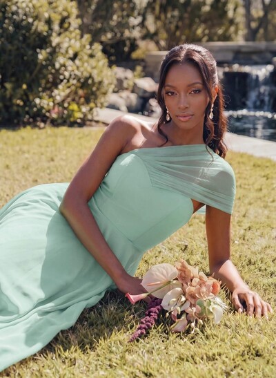 Unique A-Line Off-The-Shoulder Sleeveless Floor-Length Chiffon Bridesmaid Dresses