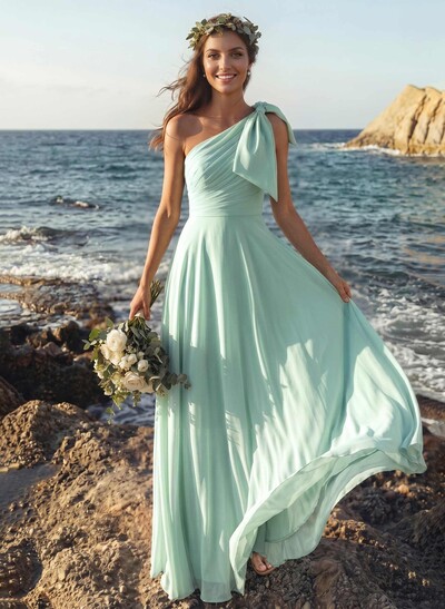 A-Line One-Shoulder Sleeveless Floor-Length Chiffon Bridesmaid Dresses With Bow(s)