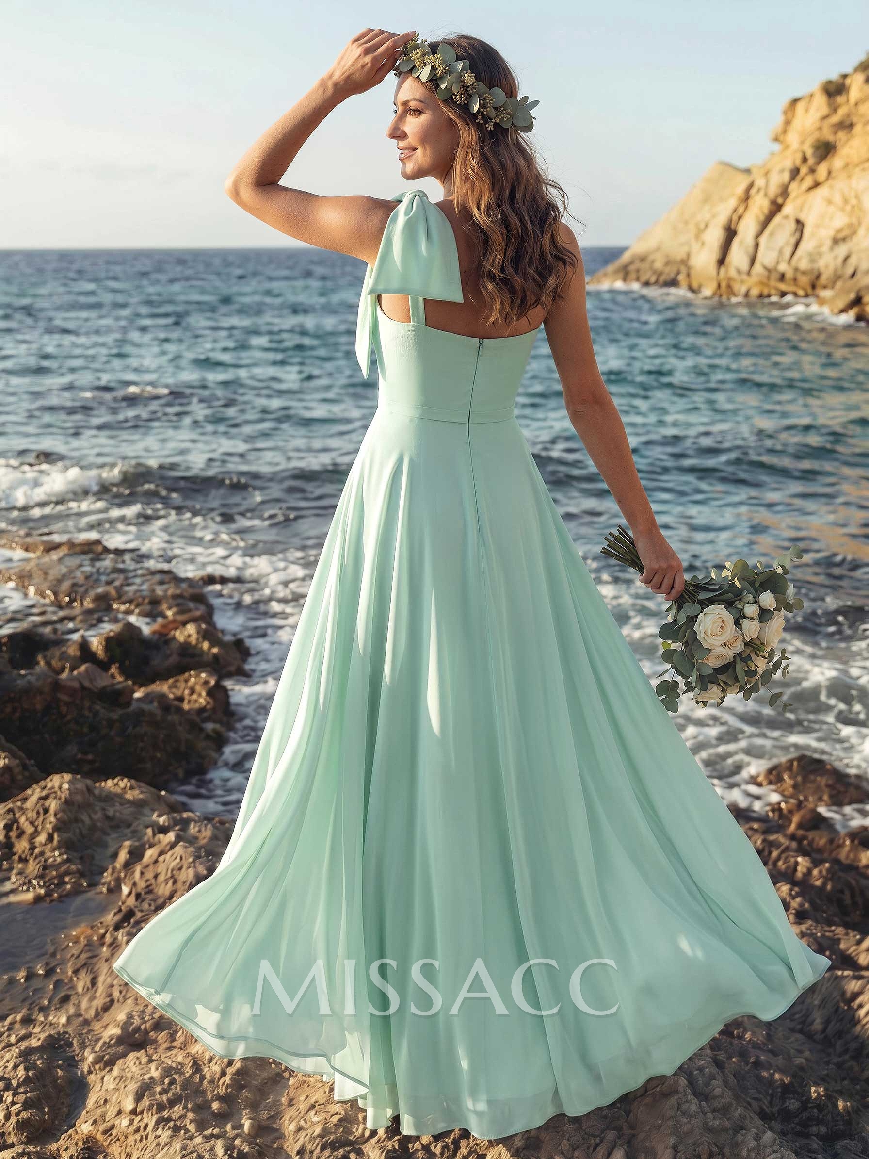 A-Line One-Shoulder Sleeveless Floor-Length Chiffon Bridesmaid Dresses With Bow(s)