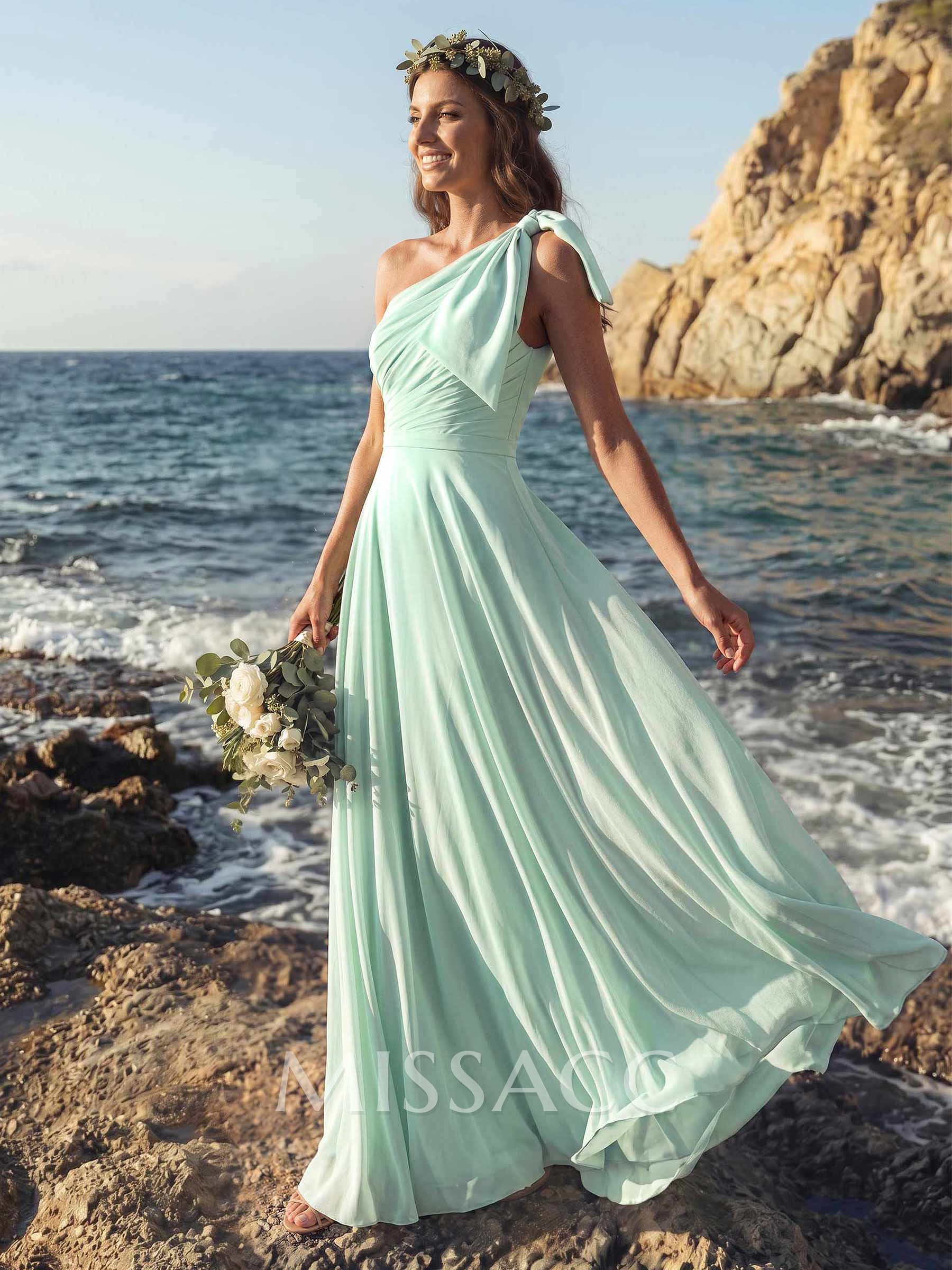 A-Line One-Shoulder Sleeveless Floor-Length Chiffon Bridesmaid Dresses With Bow(s) A-Line One-Shoulder Sleeveless Floor-Length Chiffon Bridesmaid Dresses With Bow(s)