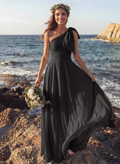 A-Line One-Shoulder Sleeveless Floor-Length Chiffon Bridesmaid Dresses With Bow(s)