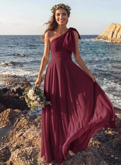 A-Line One-Shoulder Sleeveless Floor-Length Chiffon Bridesmaid Dresses With Bow(s)