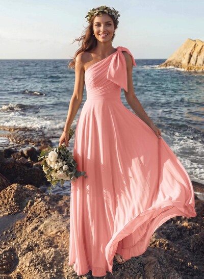 A-Line One-Shoulder Sleeveless Floor-Length Chiffon Bridesmaid Dresses With Bow(s)