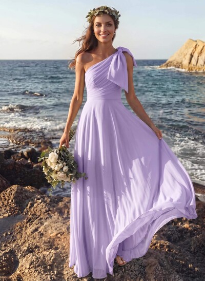 A-Line One-Shoulder Sleeveless Floor-Length Chiffon Bridesmaid Dresses With Bow(s)
