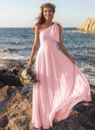 A-Line One-Shoulder Sleeveless Floor-Length Chiffon Bridesmaid Dresses With Bow(s)