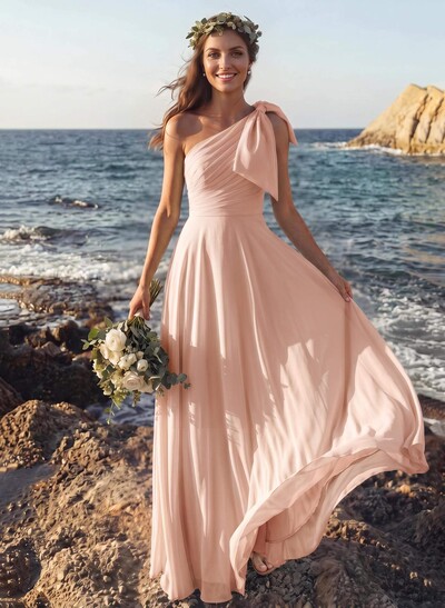 A-Line One-Shoulder Sleeveless Maxi Chiffon Bridesmaid Dresses with Bow Detail