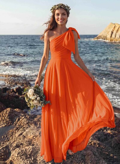 A-Line One-Shoulder Sleeveless Floor-Length Chiffon Bridesmaid Dresses With Bow(s)