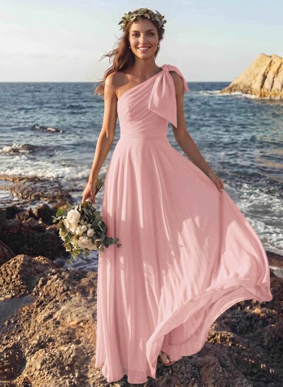 A-Line One-Shoulder Sleeveless Floor-Length Chiffon Bridesmaid Dresses With Bow(s)