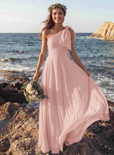 A-Line One-Shoulder Sleeveless Floor-Length Chiffon Bridesmaid Dresses With Bow(s)