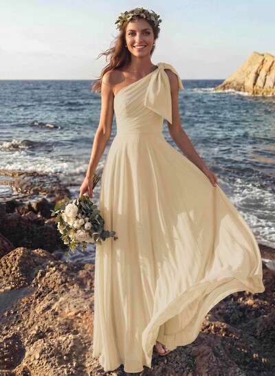 A-Line One-Shoulder Sleeveless Floor-Length Chiffon Bridesmaid Dresses With Bow(s)