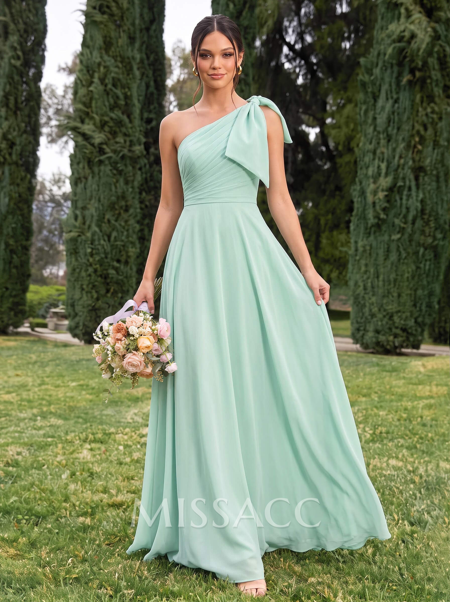 A-Line One-Shoulder Sleeveless Floor-Length Chiffon Bridesmaid Dresses With Bow(s) A-Line One-Shoulder Sleeveless Floor-Length Chiffon Bridesmaid Dresses With Bow(s)