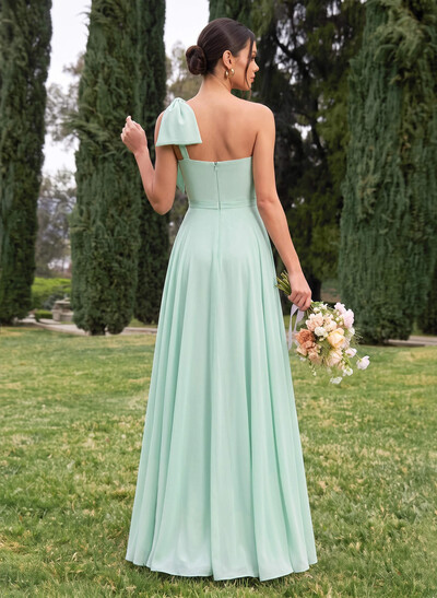 A-Line One-Shoulder Sleeveless Maxi Chiffon Bridesmaid Dresses With Bow Detail