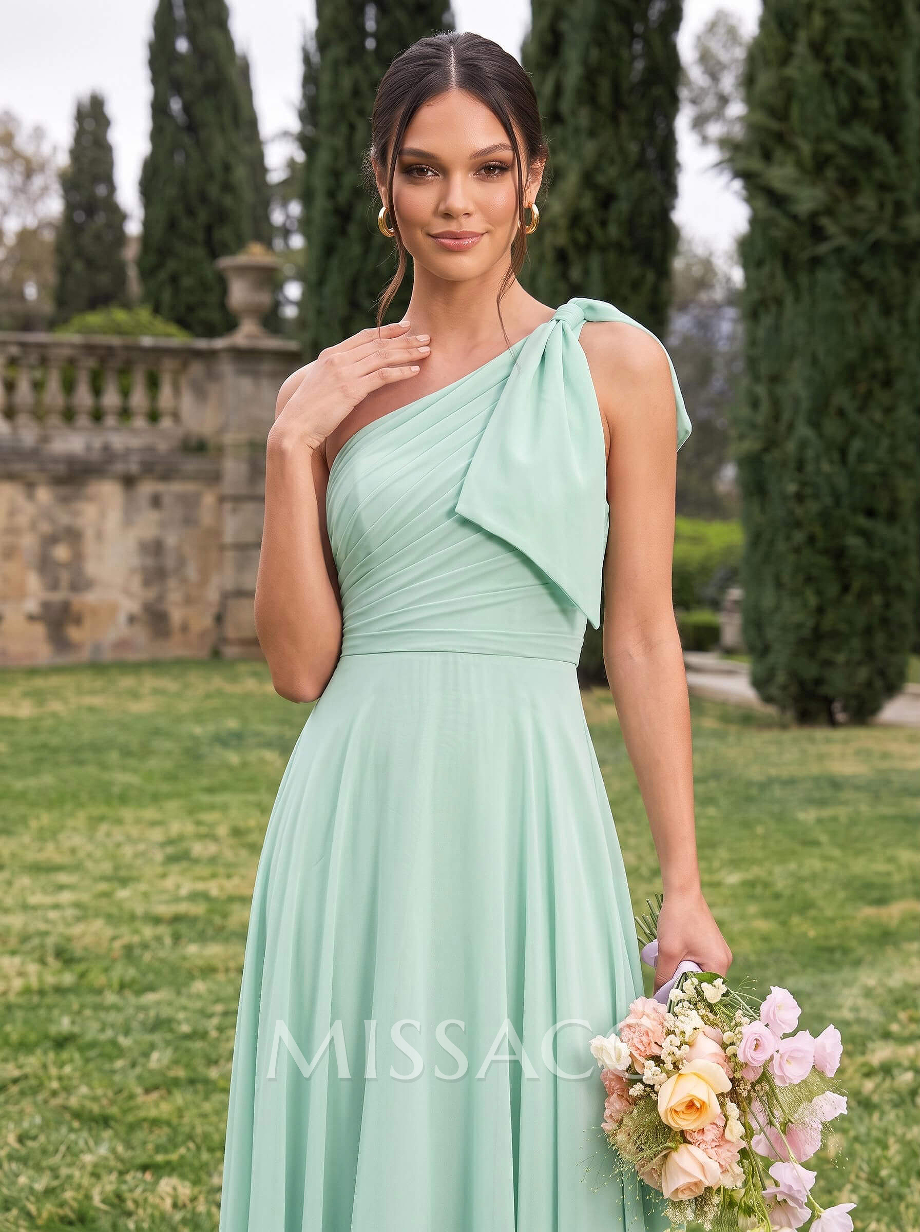 A-Line One-Shoulder Sleeveless Floor-Length Chiffon Bridesmaid Dresses With Bow(s) A-Line One-Shoulder Sleeveless Floor-Length Chiffon Bridesmaid Dresses With Bow(s)