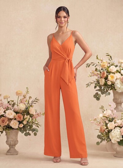 Jumpsuit/Pantsuit V-Neck Sleeveless Ankle-Length Stretch Chiffon Bridesmaid Dresses
