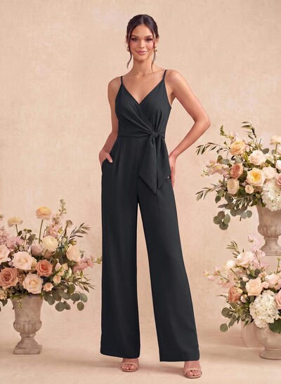 Jumpsuit/Pantsuit V-Neck Sleeveless Ankle-Length Stretch Chiffon Bridesmaid Dresses