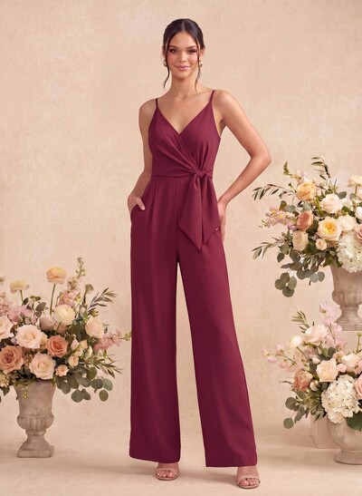 Jumpsuit/Pantsuit V-Neck Sleeveless Ankle-Length Stretch Chiffon Bridesmaid Dresses