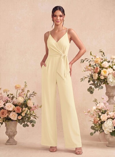 Jumpsuit/Pantsuit V-Neck Sleeveless Ankle-Length Stretch Chiffon Bridesmaid Dresses