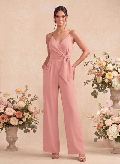 Jumpsuit/Pantsuit V-Neck Sleeveless Ankle-Length Stretch Chiffon Bridesmaid Dresses